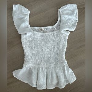 Open Edit Smocked Peplum Top, Ivory, Size XXS Flutter Sleeves